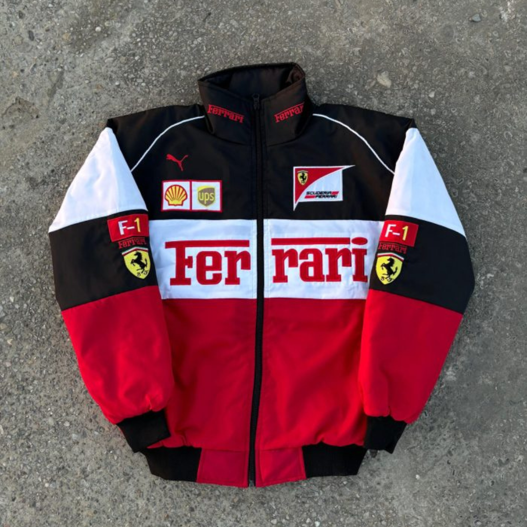 Ferrari Red and White Racing Satin Jacket F1 fanwear front view, JacketnJoint